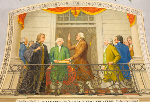 Mural by Allyn Cox in the U.S. Capitol depicts George Washington taking the oath of office in 1789 on the balcony of Federal Hall in New York City. Architect of the Capitol photograph